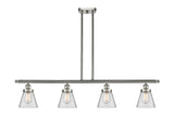 916-4I-SN-G62 4-Light 48" Brushed Satin Nickel Island Light - Clear Small Cone Glass - LED Bulb - Dimmensions: 48 x 6 x 10<br>Minimum Height : 19.375<br>Maximum Height : 43.375 - Sloped Ceiling Compatible: Yes
