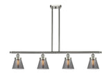 916-4I-SN-G63 4-Light 48" Brushed Satin Nickel Island Light - Plated Smoke Small Cone Glass - LED Bulb - Dimmensions: 48 x 6 x 10<br>Minimum Height : 19.375<br>Maximum Height : 43.375 - Sloped Ceiling Compatible: Yes