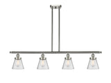 916-4I-SN-G64 4-Light 48" Brushed Satin Nickel Island Light - Seedy Small Cone Glass - LED Bulb - Dimmensions: 48 x 6 x 10<br>Minimum Height : 19.375<br>Maximum Height : 43.375 - Sloped Ceiling Compatible: Yes