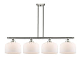 916-4I-SN-G71-L 4-Light 48" Brushed Satin Nickel Island Light - Matte White Cased X-Large Bell Glass - LED Bulb - Dimmensions: 48 x 8 x 10<br>Minimum Height : 20.375<br>Maximum Height : 44.375 - Sloped Ceiling Compatible: Yes