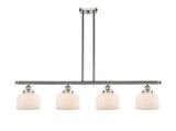 916-4I-SN-G71 4-Light 48" Brushed Satin Nickel Island Light - Matte White Cased Large Bell Glass - LED Bulb - Dimmensions: 48 x 8 x 10<br>Minimum Height : 20.375<br>Maximum Height : 44.375 - Sloped Ceiling Compatible: Yes
