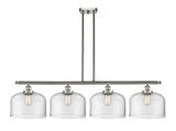 916-4I-SN-G72-L 4-Light 48" Brushed Satin Nickel Island Light - Clear X-Large Bell Glass - LED Bulb - Dimmensions: 48 x 8 x 10<br>Minimum Height : 20.375<br>Maximum Height : 44.375 - Sloped Ceiling Compatible: Yes