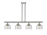916-4I-SN-G74 4-Light 48" Brushed Satin Nickel Island Light - Seedy Large Bell Glass - LED Bulb - Dimmensions: 48 x 8 x 10<br>Minimum Height : 20.375<br>Maximum Height : 44.375 - Sloped Ceiling Compatible: Yes
