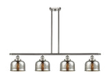 916-4I-SN-G78 4-Light 48" Brushed Satin Nickel Island Light - Silver Plated Mercury Large Bell Glass - LED Bulb - Dimmensions: 48 x 8 x 10<br>Minimum Height : 20.375<br>Maximum Height : 44.375 - Sloped Ceiling Compatible: Yes