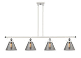 916-4I-WPC-G43 4-Light 48" White and Polished Chrome Island Light - Plated Smoke Large Cone Glass - LED Bulb - Dimmensions: 48 x 8 x 10<br>Minimum Height : 20.375<br>Maximum Height : 44.375 - Sloped Ceiling Compatible: Yes