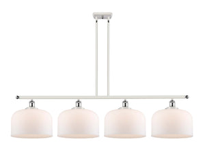 916-4I-AC-G71-L 4-Light 48" Antique Copper Island Light - Matte White Cased X-Large Bell Glass - LED Bulb - Dimmensions: 48 x 8 x 10<br>Minimum Height : 20.375<br>Maximum Height : 44.375 - Sloped Ceiling Compatible: Yes