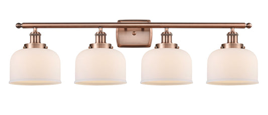 4-Light 36" Antique Copper Bath Vanity Light - Matte White Cased Large Bell Glass LED