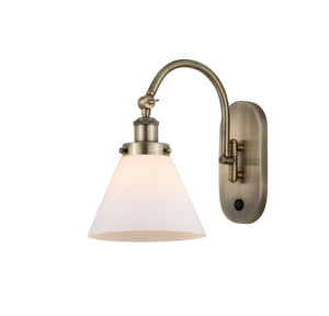 918-1W-AB-G41 1-Light 8" Antique Brass Sconce - Matte White Cased Large Cone Glass - LED Bulb - Dimmensions: 8 x 13.875 x 12.75 - Glass Up or Down: Yes