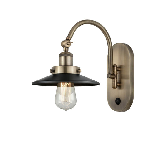 918-1W-AB-M6 1-Light 8" Antique Brass Sconce - Matte Black Railroad Shade - LED Bulb - Dimmensions: 8 x 14 x 11 - Glass Up or Down: Yes
