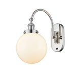 918-1W-PN-G201-8 1-Light 8" Polished Nickel Sconce - Matte White Cased Beacon Glass - LED Bulb - Dimmensions: 8 x 14 x 14.5 - Glass Up or Down: Yes
