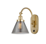 918-1W-SG-G43 1-Light 8" Satin Gold Sconce - Plated Smoke Large Cone Glass - LED Bulb - Dimmensions: 8 x 13.875 x 12.75 - Glass Up or Down: Yes