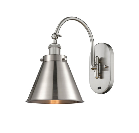 918-1W-SN-M13-SN 1-Light 8" Brushed Satin Nickel Sconce - Brushed Satin Nickel Appalachian Shade - LED Bulb - Dimmensions: 8 x 14 x 12.875 - Glass Up or Down: Yes