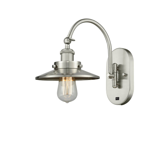 918-1W-SN-M2 1-Light 8" Brushed Satin Nickel Sconce - Brushed Satin Nickel Railroad Shade - LED Bulb - Dimmensions: 8 x 14 x 11 - Glass Up or Down: Yes