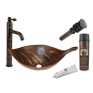 BSP1_PVLFDB 21.25" Leaf Vessel Hammered Copper Sink with ORB Single Handle Vessel Faucet, Matching Drain and Accessories