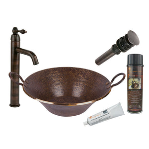 BSP1_PVMPDB 21.75" Hand Forged Old World Miners Pan Copper Vessel Sink with ORB Single Handle Vessel Faucet, Matching Drain and Accessories