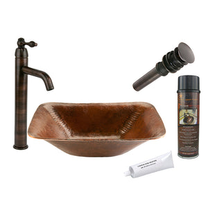 BSP1_PVREC17 17" Rectangle Hand Forged Old World Copper Vessel Sink with ORB Single Handle Vessel Faucet, Matching Drain and Accessories