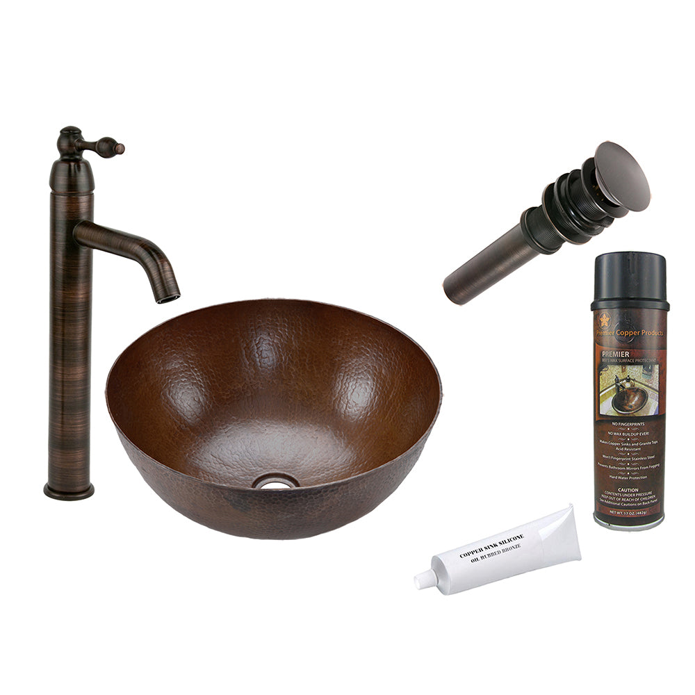 BSP1_VR13BDB 13" Small Round Vessel Hammered Copper Sink with ORB Single Handle Vessel Faucet, Matching Drain and Accessories