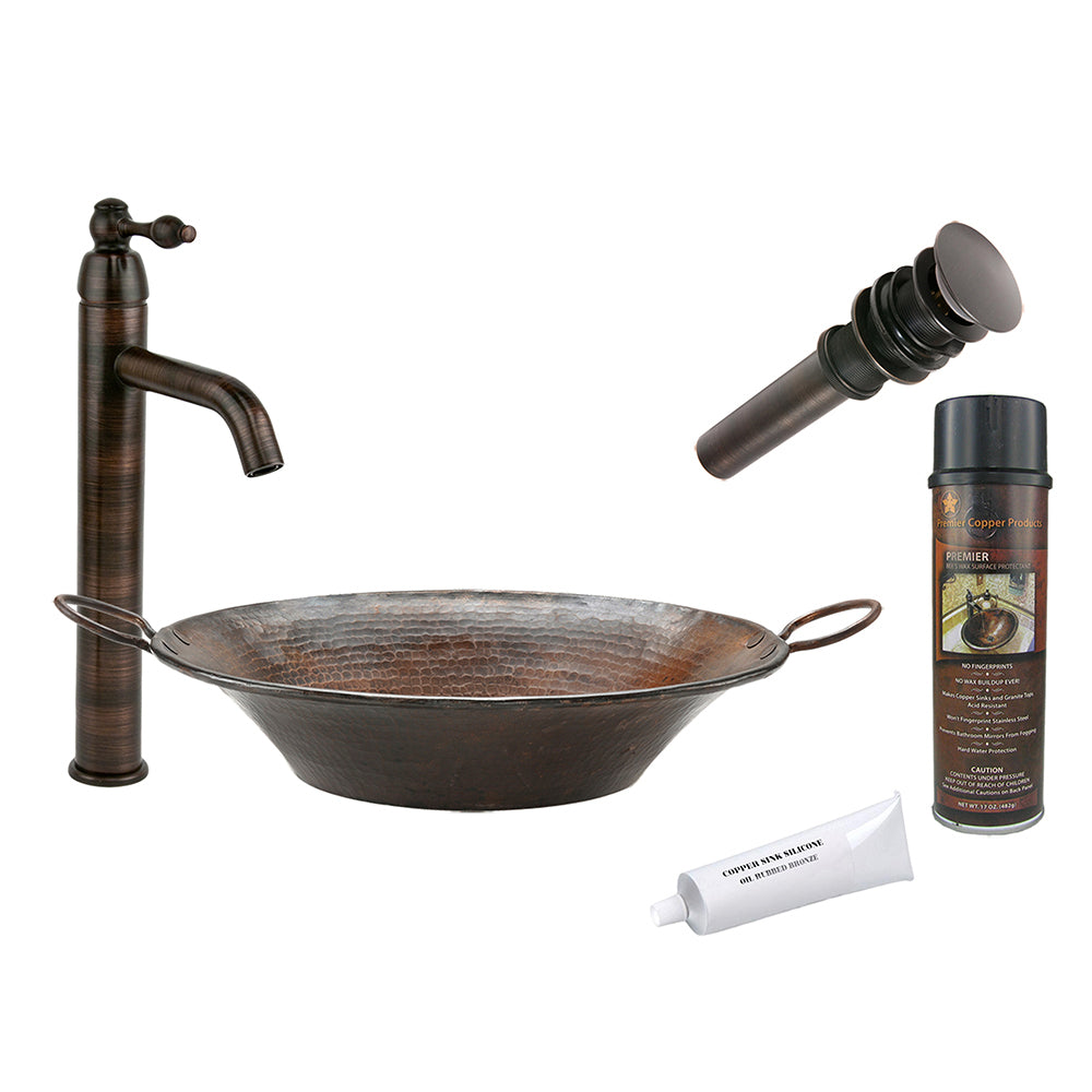 BSP1_VR16MPDB 16" Round Miners Pan Vessel Hammered Copper Sink with ORB Single Handle Vessel Faucet, Matching Drain and Accessories