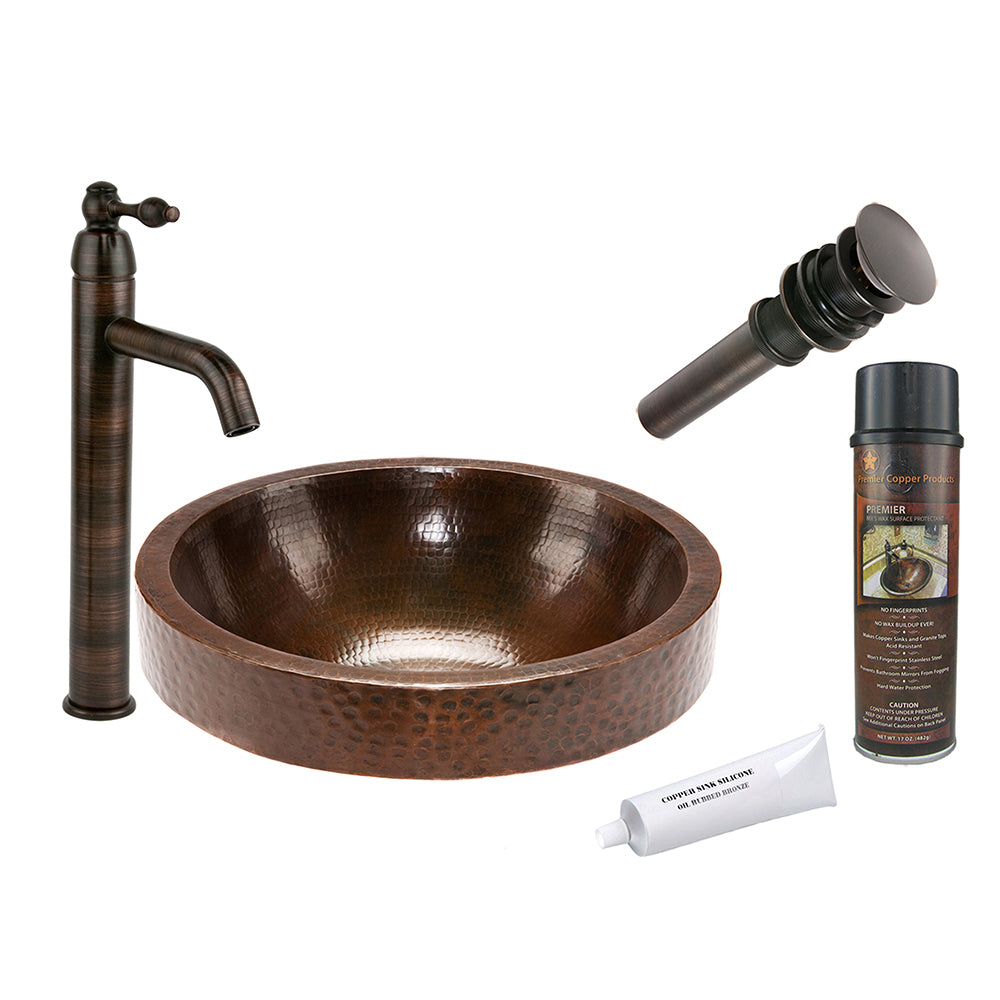 BSP1_VR17SKDB 17" Round Skirted Vessel Hammered Copper Sink with ORB Single Handle Vessel Faucet, Matching Drain and Accessories