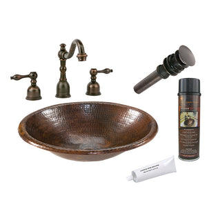 BSP2_LO17RDB 17" Small Oval Self Rimming Hammered Copper Sink with ORB Widespread Faucet, Matching Drain and Accessories