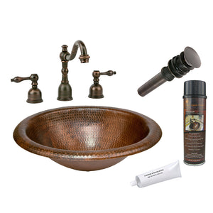 BSP2_LO18RDB 18" Wide Rim Oval Self Rimming Hammered Copper Sink with ORB Widespread Faucet, Matching Drain and Accessories
