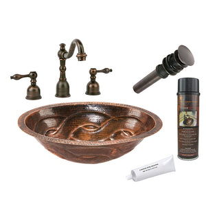 BSP2_LO19FBDDB 19" Oval Braid Under Counter Hammered Copper Sink with ORB Widespread Faucet, Matching Drain and Accessories