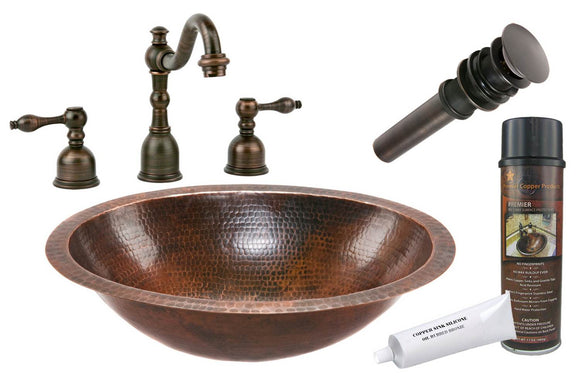 BSP2_LO17FDB 17 Inch Small Oval Under Counter Hammered Premier Copper Sink with ORB Widespread Faucet, Matching Drain and Accessories