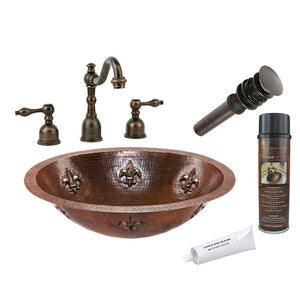 BSP2_LO19FFLDB 19" Oval Fleur De Lis Under Counter Hammered Copper Sink with ORB Widespread Faucet, Matching Drain and Accessories