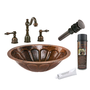 BSP2_LO19FSBDB 19" Oval Sunburst Under Counter Hammered Copper Sink with ORB Widespread Faucet, Matching Drain and Accessories