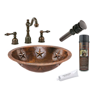 BSP2_LO19FSTDB 19" Oval Star Under Counter Hammered Copper Sink with ORB Widespread Faucet, Matching Drain and Accessories