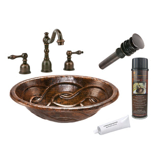 BSP2_LO19RBDDB 19" Oval Braid Self Rimming Hammered Copper Sink with ORB Widespread Faucet, Matching Drain and Accessories