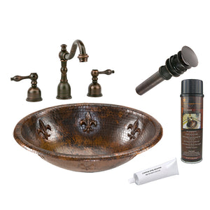 BSP2_LO19RFLDB 19" Oval Fleur De Lis Self Rimming Hammered Copper Sink with ORB Widespread Faucet, Matching Drain and Accessories