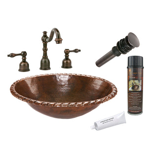 BSP2_LO19RRDB 19" Oval Roped Rim Self Rimming Hammered Copper Sink with ORB Widespread Faucet, Matching Drain and Accessories