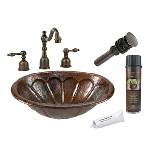 BSP2_LO19RSBDB 19" Oval Sunburst Self Rimming Hammered Copper Sink with ORB Widespread Faucet, Matching Drain and Accessories
