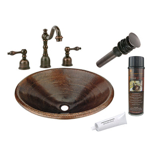 BSP2_LO20RDB 20" Master Bath Oval Self Rimming Hammered Copper Sink with ORB Widespread Faucet, Matching Drain and Accessories