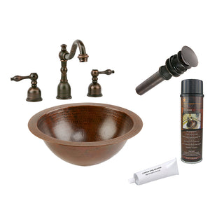 BSP2_LR12FDB 12" Small Round Under Counter Hammered Copper Sink with ORB Widespread Faucet, Matching Drain and Accessories