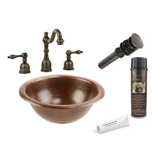 BSP2_LR12RDB 12" Small Round Self Rimming Hammered Copper Sink with ORB Widespread Faucet, Matching Drain and Accessories