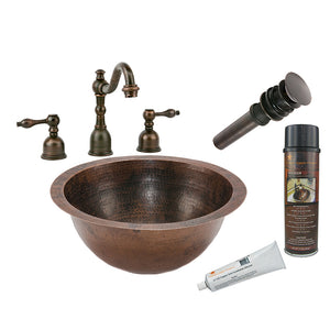BSP2_LR14FDB 14" Small Round Under Counter Hammered Copper Sink with ORB Widespread Faucet, Matching Drain and Accessories