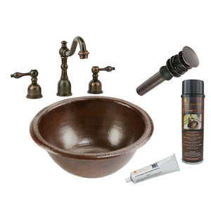 BSP2_LR14RDB 14" Small Round Self Rimming Hammered Copper Sink with ORB Widespread Faucet, Matching Drain and Accessories