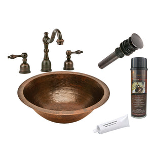 BSP2_LR17FDB 17" Round Under Counter Hammered Copper Sink with ORB Widespread Faucet, Matching Drain and Accessories