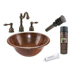BSP2_LR17RDB 17" Round Self Rimming Hammered Copper Sink with ORB Widespread Faucet, Matching Drain and Accessories