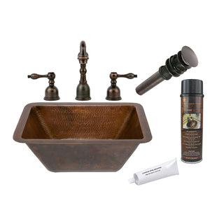 BSP2_LRECDB 17" Rectangle Hammered Copper Sink with ORB Widespread Faucet, Matching Drain and Accessories