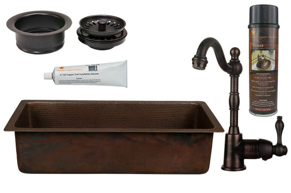 BSP4_BREC28DB-G 28 Inch Rectangle Hammered Premier Copper Bar/Prep Sink, 3.5 Inch Garbage Disposal Drain and Accessories