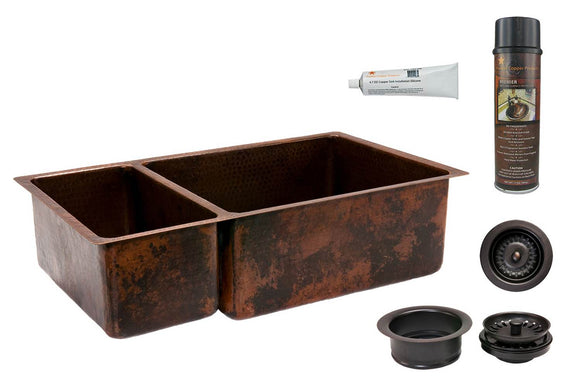 KSP3_K25DB33199 33 Inch Hammered Premier Copper Kitchen 25/75 Double Basin Sink with Matching Drains, and Accessories