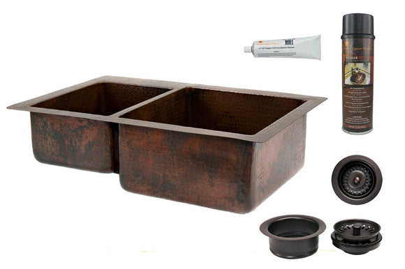 KSP3_K40DB33229 33 Inch Hammered Premier Copper Kitchen 40/60 Double Basin Sink with Matching Drains, and Accessories