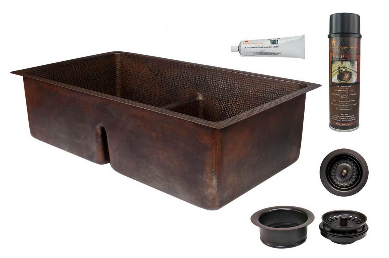 KSP3_K50DB33199-SD5 33 Inch Hammered Premier Copper Kitchen 50/50 Double Basin Sink with Short 5 Inch Divider w/ Matching Drains and Accessories