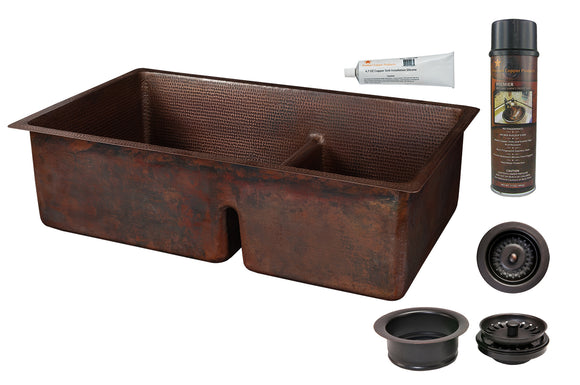 KSP3_K60DB33199-SD5 33 Inch Hammered Premier Copper Kitchen 60/40 Double Basin Sink with Short 5 Inch Divider w/ Matching Drains and Accessories