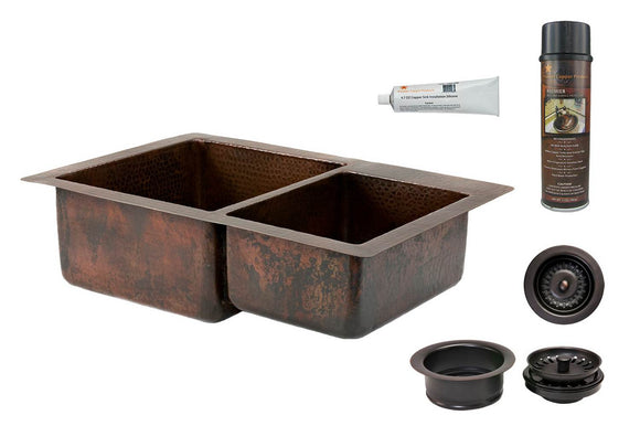 KSP3_K60DB33229 33 Inch Hammered Premier Copper Kitchen 60/40 Double Basin Sink with Matching Drains, and Accessories