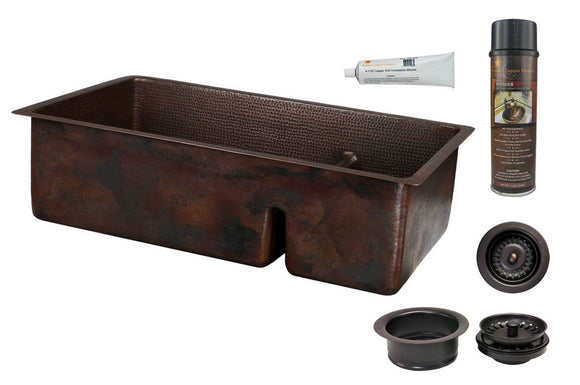 KSP3_K70DB33199-SD5 33 Inch Hammered Premier Copper Kitchen 70/30 Double Basin Sink with Short 5 Inch Divider w/ Matching Drains and Accessories