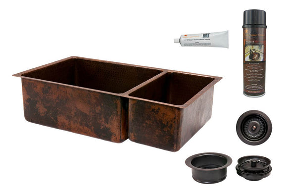 KSP3_K75DB33199 33 Inch Hammered Premier Copper Kitchen 75/25 Double Basin Sink with Matching Drains, and Accessories